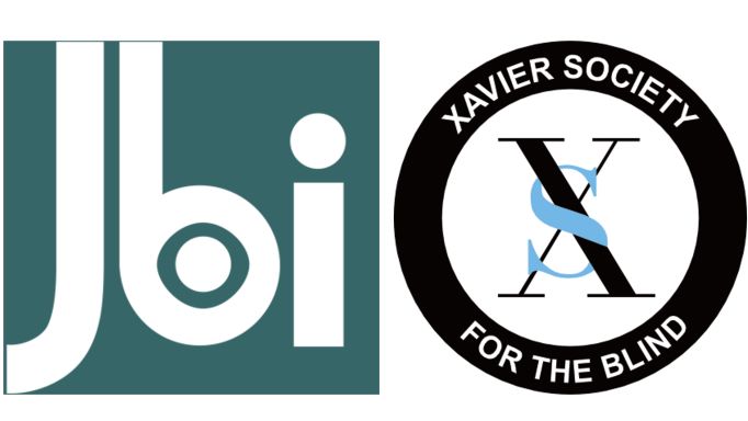 JBI logo (white lower case letters on blue-green background) and Xavier Society for the Blind logo (white text on a black ring surrounding a black X and light blue S)